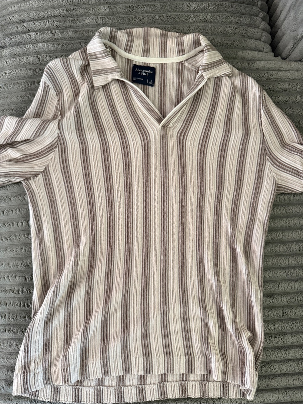 Abercrombie & Fitch Cream and Taupe Striped Short Sleeve Polo